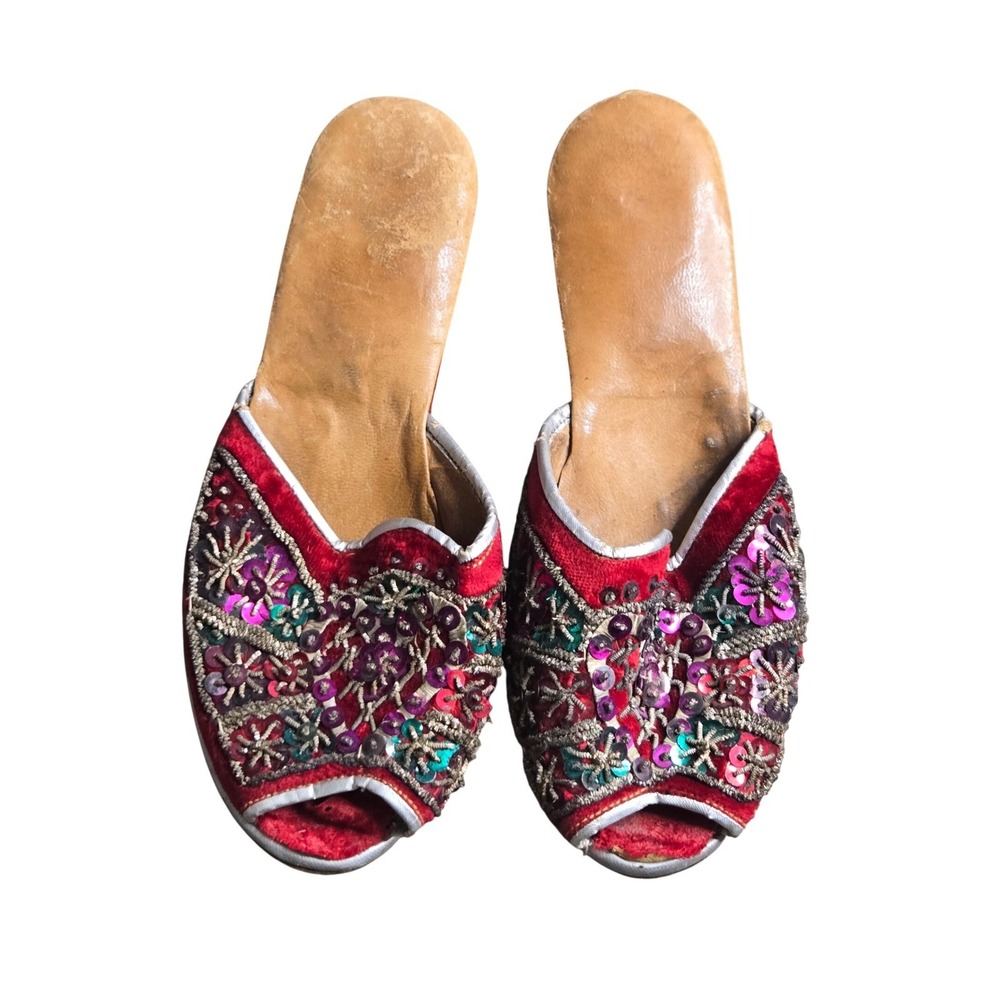 Vintage Womens Red Velvet Embroidered Sequin Wedge Mules Peep Toe Boho Slippers